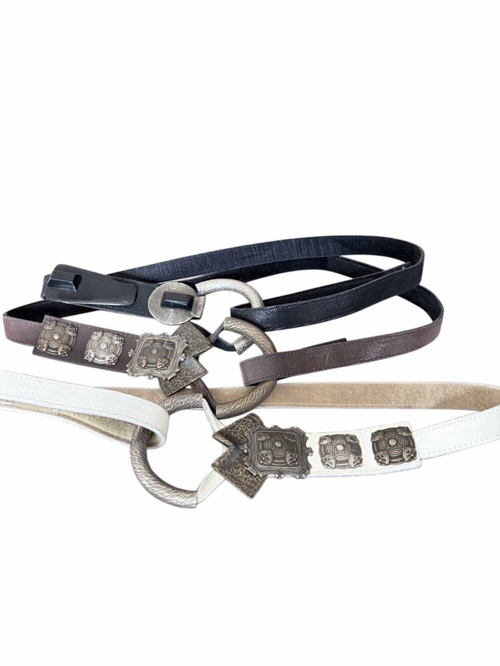 Belts Set of Three Adjustable Faux Leather Metal Accent Waist Belts Brown Cream